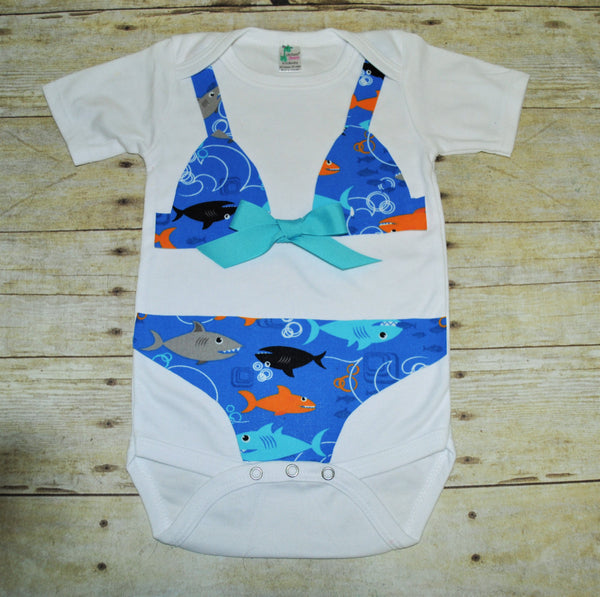 shark bikini bodysuit, shark bikini bodysuit, bathing suit bodysuit, baby swimsuit, orange, blue, teal, baby shower gift