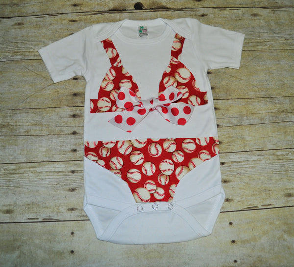 baseball bikini bodysuit,  bikini bodysuit, bathing suit bodysuit, baby swimsuit, red and white, red with white baseballs, baby shower gift