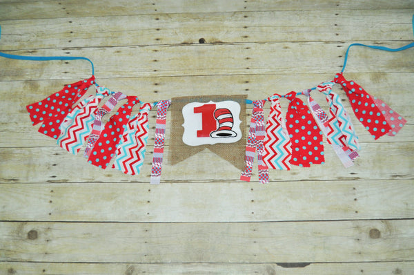 Dr Seuss high chair banner, Cat in the Hat first birthday banner, Dr Seuss rag banner, Dr Seuss bunting, Cat in the Hat Bunting