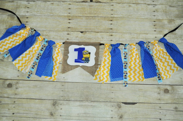 minions high chair banner, minions first birthday banner, minions rag banner, minions bunting, blue and yellow Bunting