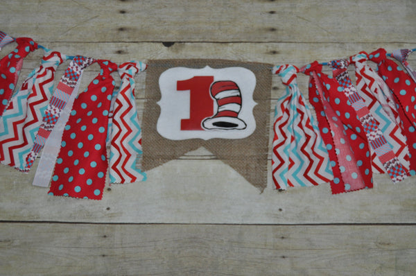 Dr Seuss high chair banner, Cat in the Hat first birthday banner, Dr Seuss rag banner, Dr Seuss bunting, Cat in the Hat Bunting