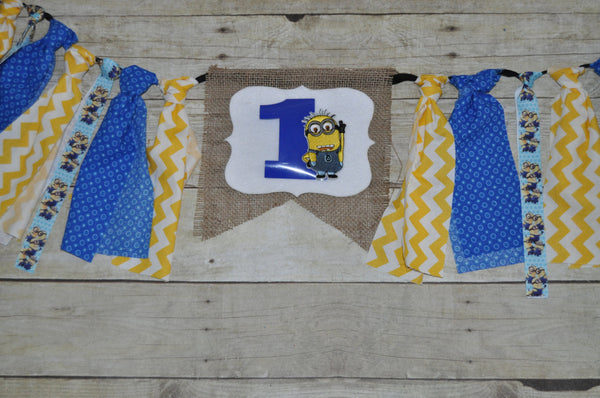 minions high chair banner, minions first birthday banner, minions rag banner, minions bunting, blue and yellow Bunting