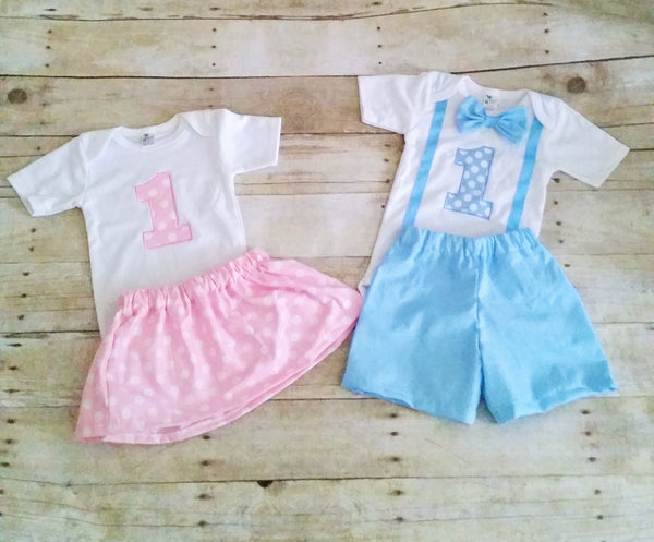 boy girl twins shirts birthday set, Twins cake smash,boy/girl twins birthday outfit, pink and white, blue and white, polka dots