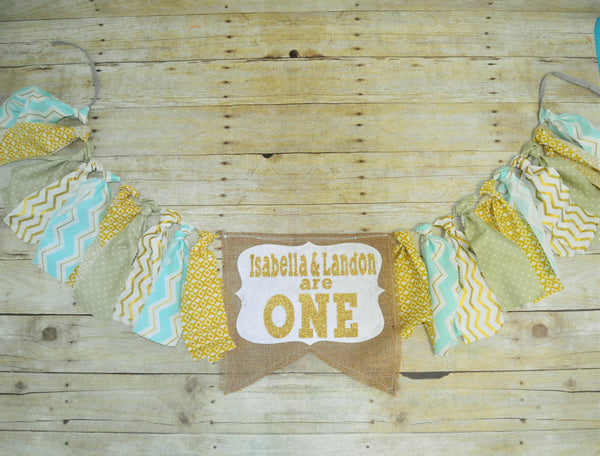 vintage high chair banner, aqua and gold first birthday banner, shabby rag banner,vintage shabby bunting