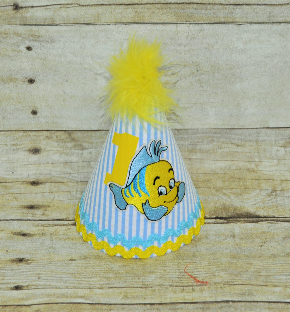 flounder party hat , little mermaid party hat, under the sea cake smash, 1st birthday hat, ariel smash cake, you pick number