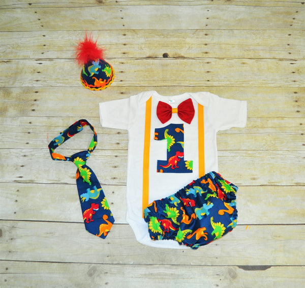 dinosaur first birthday outfit with party hat, dinosaur cake smash boys birthday, dinosaur bodysuit, tie, diaper cover, hat