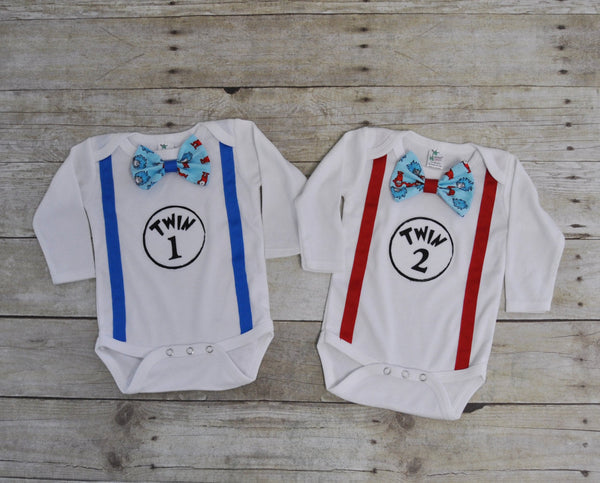 twin 1 twin 2 matching shirts with bowties Dr Seuss, Twins cake smash, twins birthday outfit,  twins Dr Seuss cake smash, first birthday