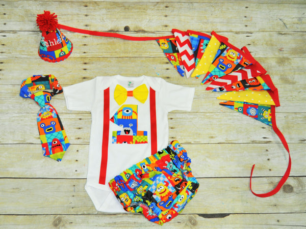 Monster cake smash outfit with party hat, Monster birthday, 1st 2nd 3rd  birthday, Monsters Shirt, 1st birthday outfit, monster tie