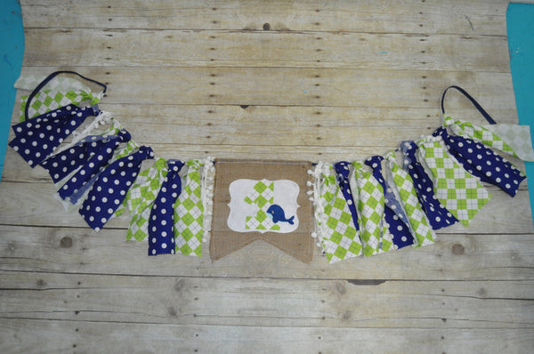 whale high chair banner,whale first birthday banner,whale rag banner, whale bunting, blue, lime green, argyle, i am 1 high chair banner