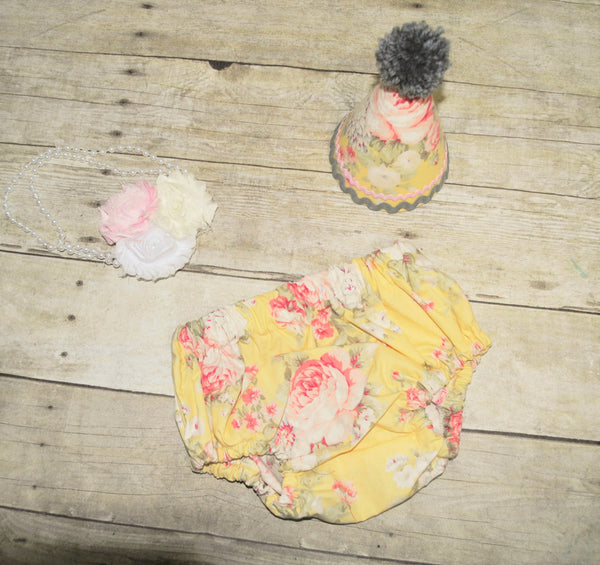 girl cake smash outfit, Girls Birthday outfit, vintage roses, pear necklace, first birthday outfit, pink, yellow and gray