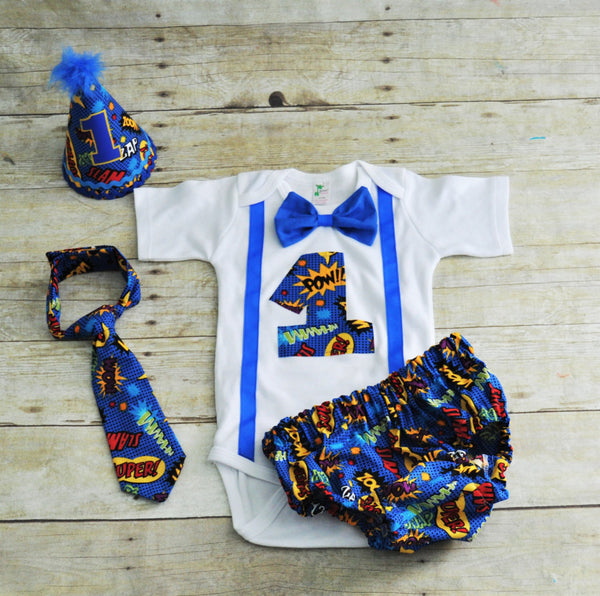 super hero cake smash outfit, comic book cake smash, First Birthday Outfit, 1st birthday outfit, pow wow, super hero banner, bunting, hat