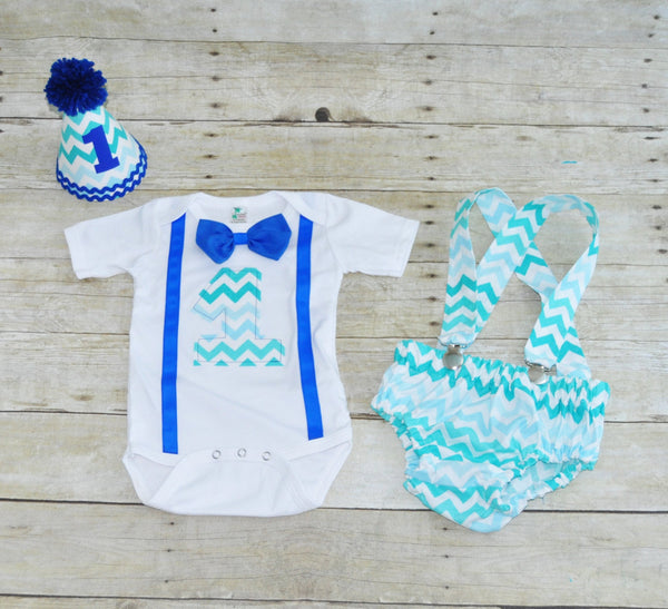 blue chevron cake smash outfit,  blue chevron birthday outfit, First Birthday Outfit, 1st birthday outfit, diaper cover and suspenders