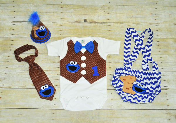 cookie monster cake smash outfit, diaper cover and suspeders,  boys birthday outfit, cookie monster birthday outfit, first birthday outfit