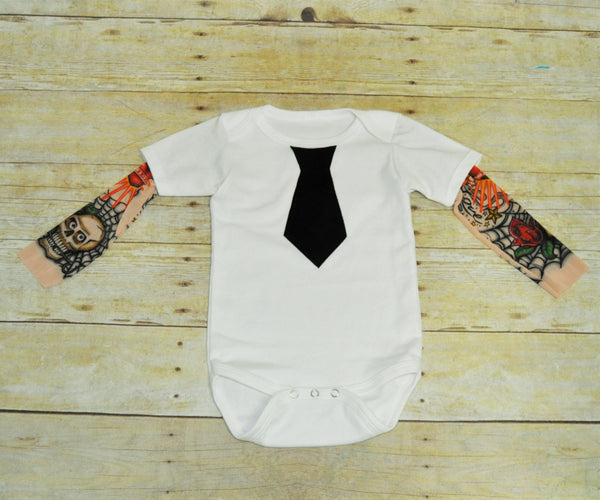 Tattoo sleeve shirt baby, rocker inspired Tattoo sleeve bodysuit or T-shirt with black tie. tattoo shirt, stylish rocker baby, cake smash