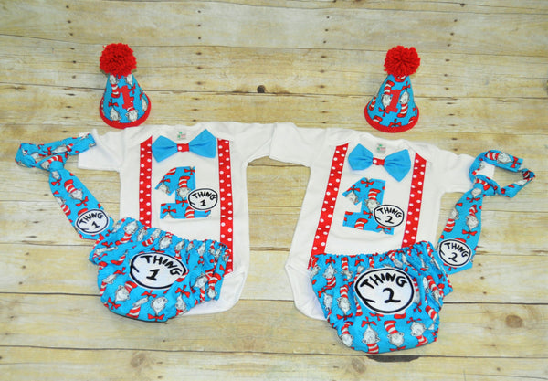 Thing 1 Thing 2 cake smash set, Twins cake smash, twins birthday outfit,  twins Dr Seuss cake smash, first birthday