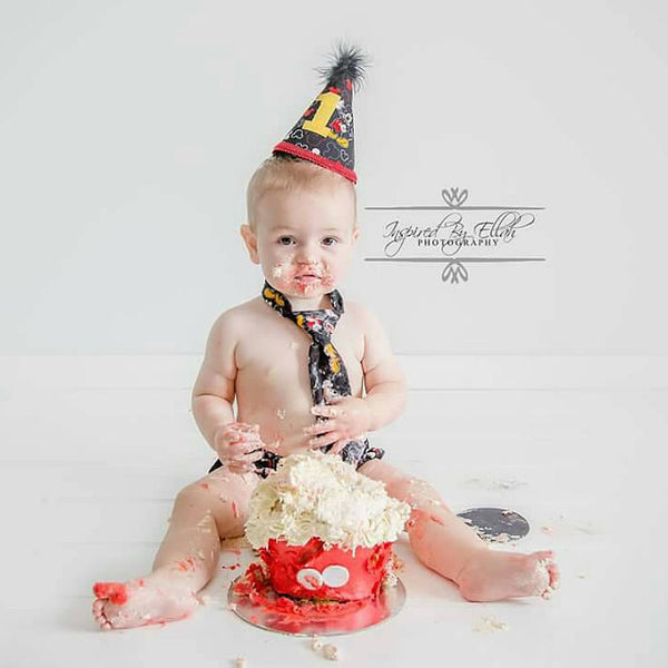 cake smash outfit with party hat, mickey cake smash, mickey tie, boys first birthday outfit, mickey party hat, mickey diaper cover