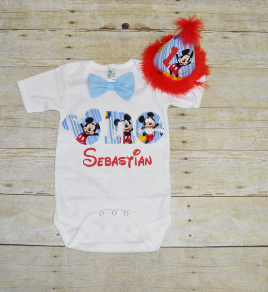 Personalized Mickey Mouse Birthday bodysuit, Mickey mouse birthday shirt, Mickey cake smash, Mickey Mouse Birthday outfit, party hat